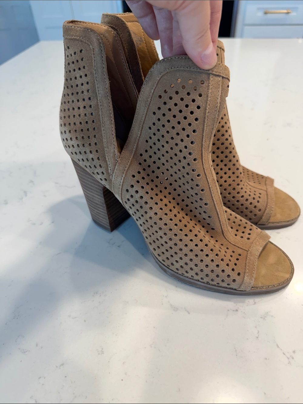 Lucky Brand Perforated Suede Peep-Toe Block Heel Booties - Brown